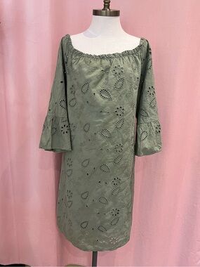 Sage Green Eyelet Cotton Dress Made in Italy Off Shoulder Bell - Terzo Millennio